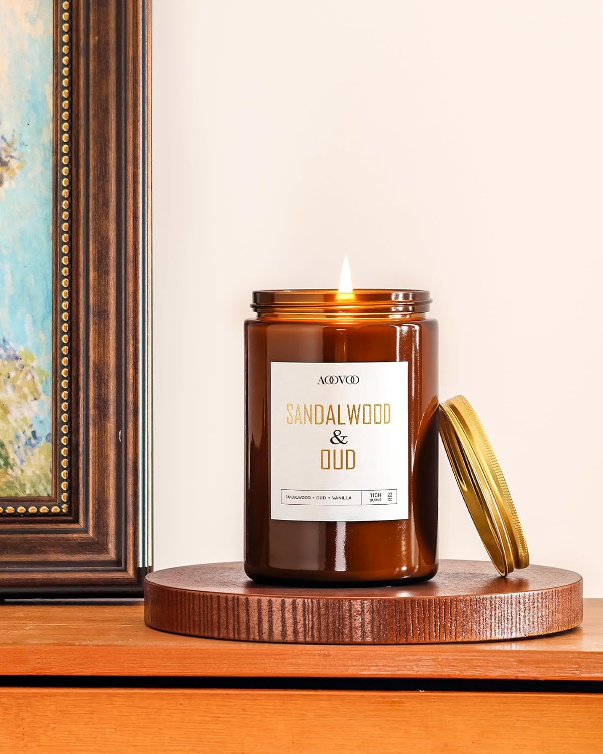 AOOVOO Sandalwood Oud Candle - Large Scented Candles 22oz, Soy Candles, Aromatherapy Candle, Soy