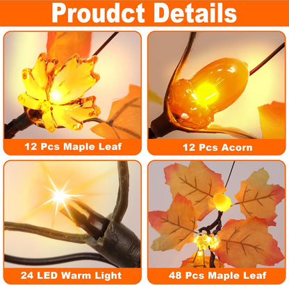 2 Pack 24 Inch Prelit Fall Maple Tree Fall Decor with 48 LEDs Timer Battery Operated Artificial