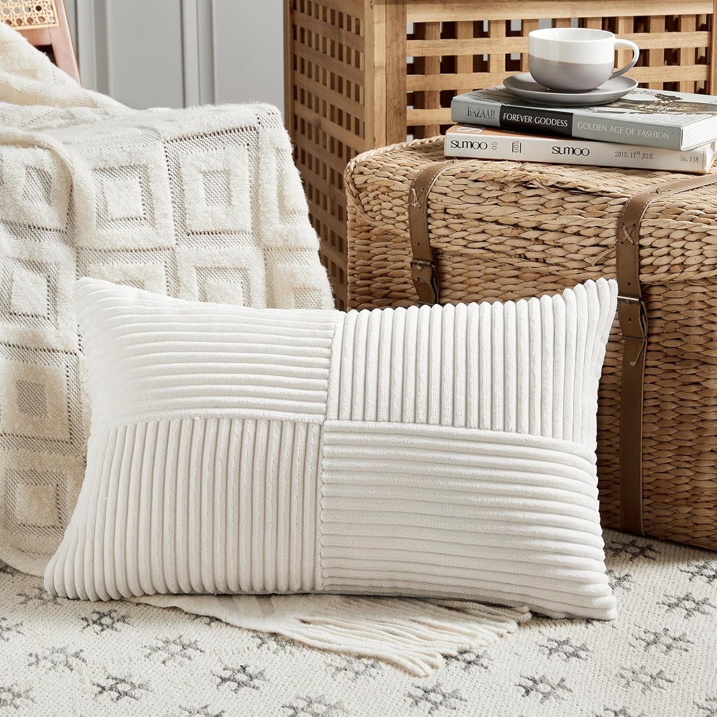 Fancy Homi 2 Packs Cream White Long Lumbar Decorative Throw Pillow Covers 16x24 Inch for Couch Bed