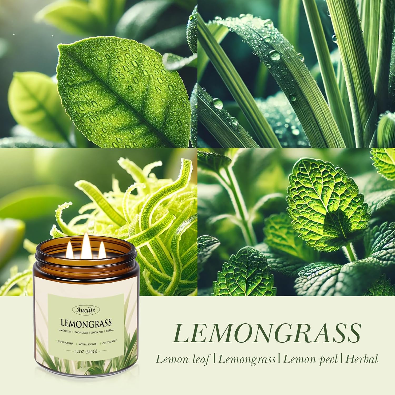 Auelife Lemongrass Scented Candle | 3-Wick Jar Candle - 12oz Natural Soy Wax - Citronella Scent for