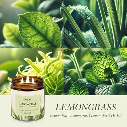 Auelife Lemongrass Scented Candle | 3-Wick Jar Candle - 12oz Natural Soy Wax - Citronella Scent for