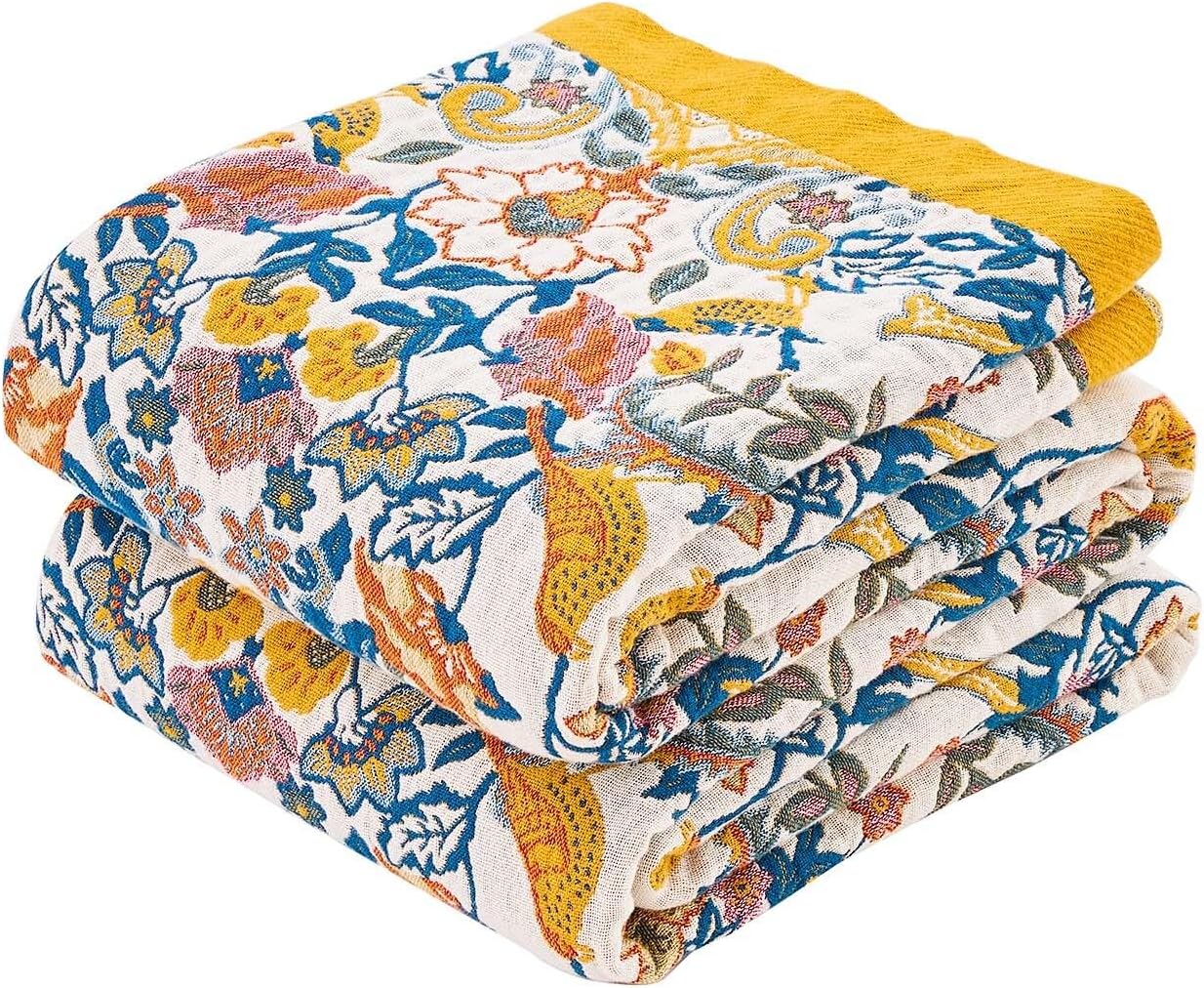 Boho Blanket Throw Quilt, 100% Cotton Soft Light Weight Throw Blankets for Summer, 80"x90"