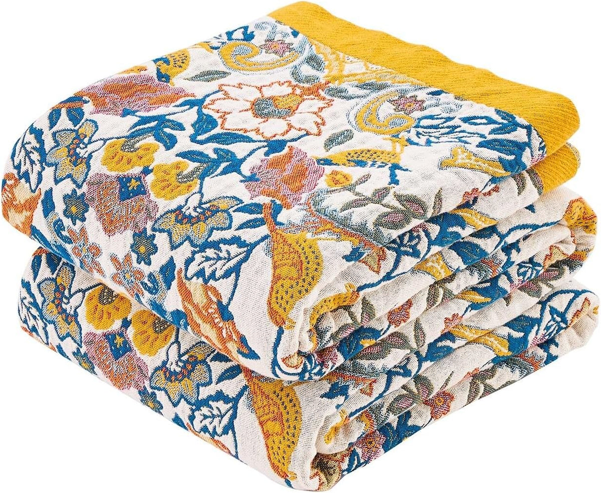 Boho Blanket Throw Quilt, 100% Cotton Soft Light Weight Throw Blankets for Summer, 90"x98"