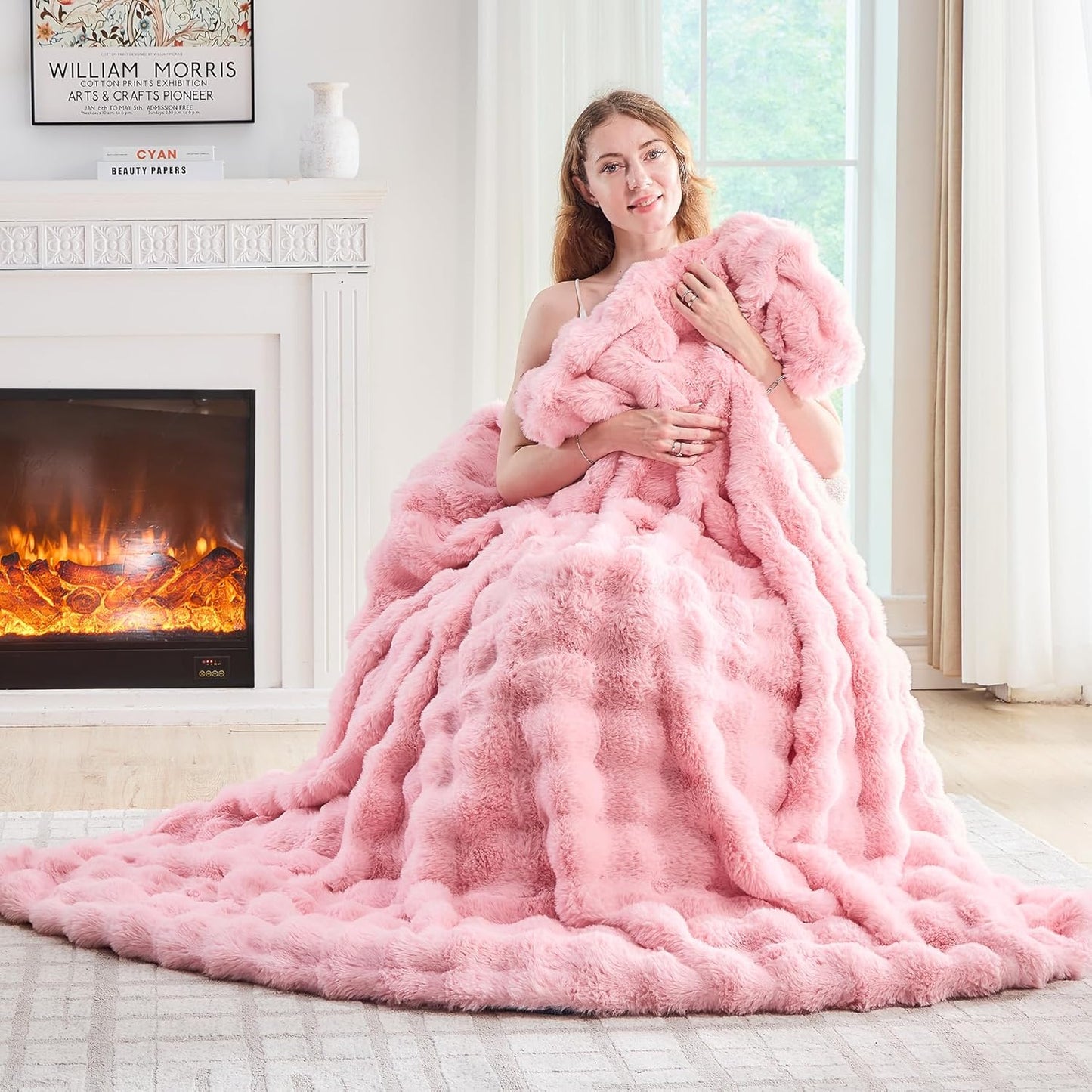 Lotus Karen Faux Fur Throw Blanket Pink - Big Bubble Rabbit Fluff Blanket for Couch, Large Fluffy