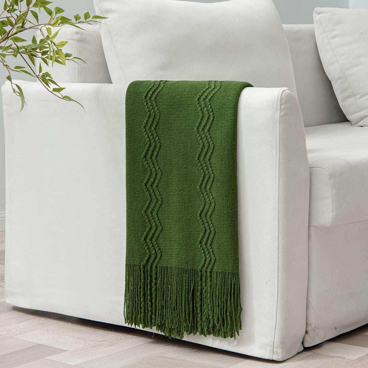 MIULEE Olive Green Knitted Throw Blanket for Couch Boho Textured Cozy Woven Blanket with Tassels
