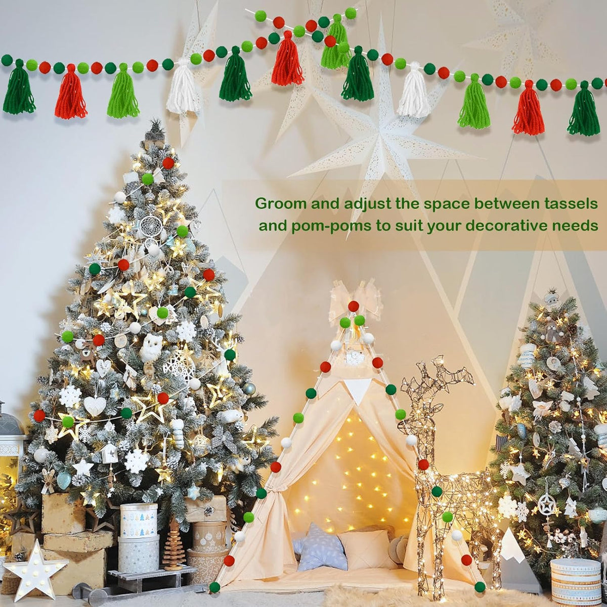 4 Pcs Christmas Tassel Garlands, 9.8 Feet Pom Pom Balls Garland Decor, Colorful Felt Fabric Pennant