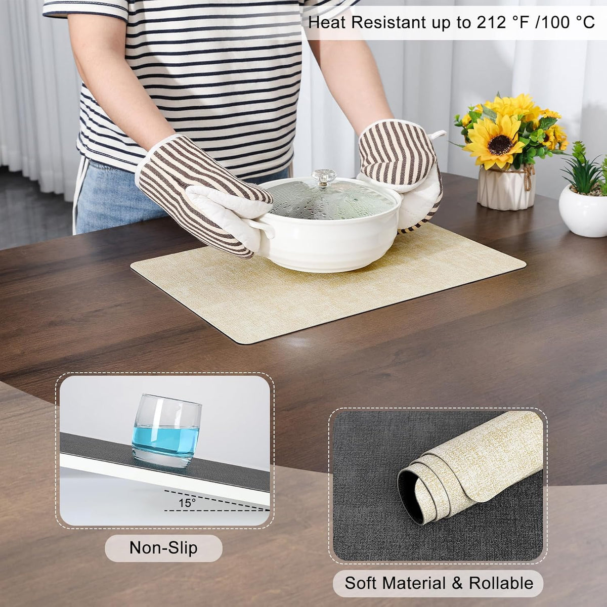 Myir JUN Dual Sided Faux Leather Placemats Set of 6 Indoor/Outdoor Square Non-Slip Washable Table