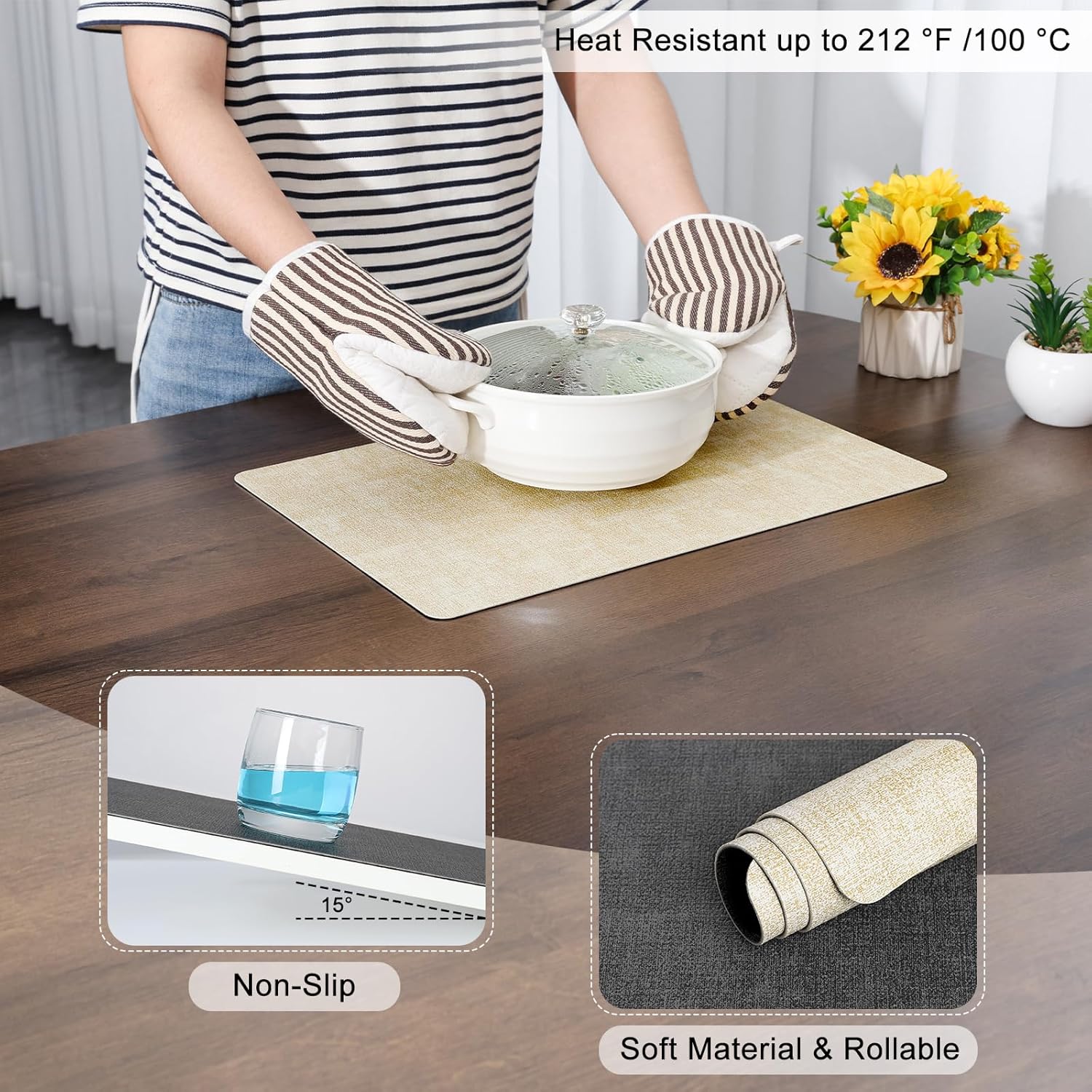 Myir JUN Dual Sided Faux Leather Placemats Set of 6 Indoor/Outdoor Square Non-Slip Washable Table