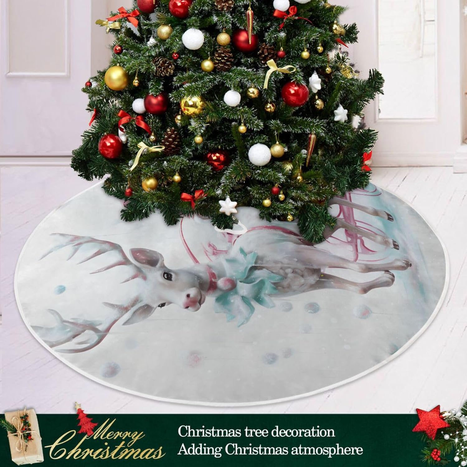 Christmas Tree Skirt - 36 Inch Santa Claus Pink Reindeer Xmas Tree Mat for New Year Party