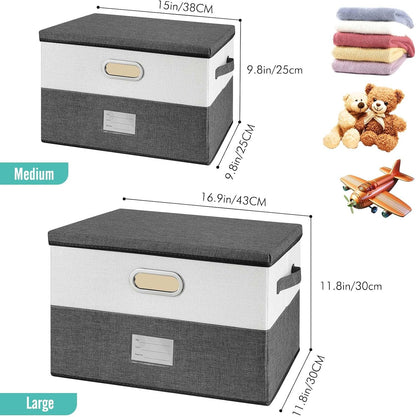 Large Linen Fabric Foldable Storage Bins with Removable Lid and Handles, Washable Storage Box