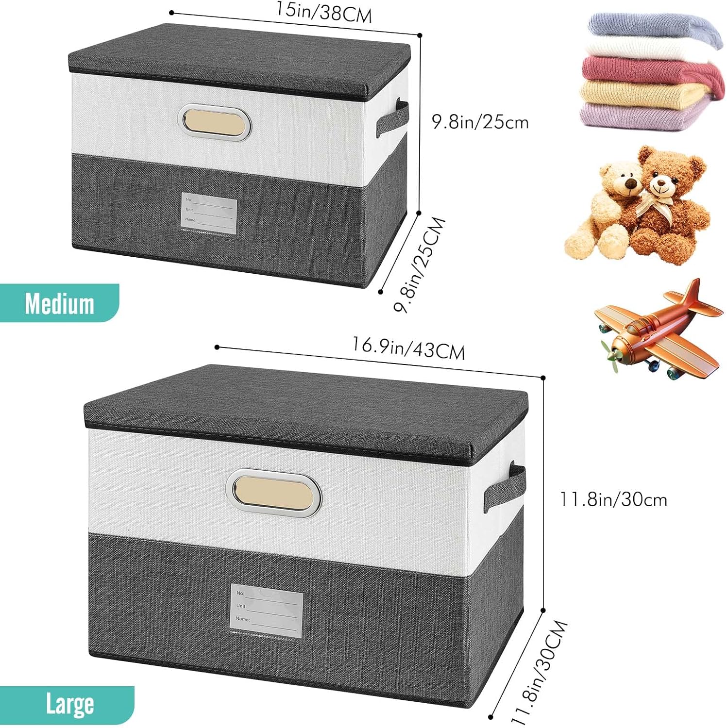 Large Linen Fabric Foldable Storage Bins with Removable Lid and Handles, Washable Storage Box