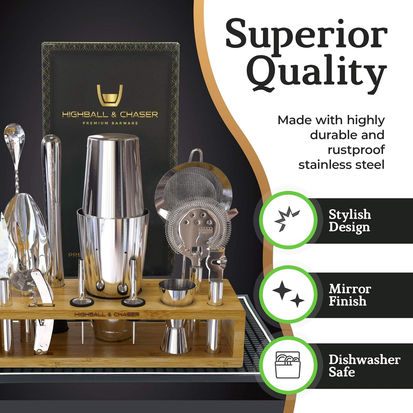 Highball & Chaser 13-Piece Boston Cocktail Shaker Set Stainless Steel Mixology Bartender Kit With