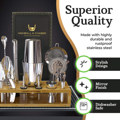 Highball & Chaser 13-Piece Boston Cocktail Shaker Set Stainless Steel Mixology Bartender Kit With