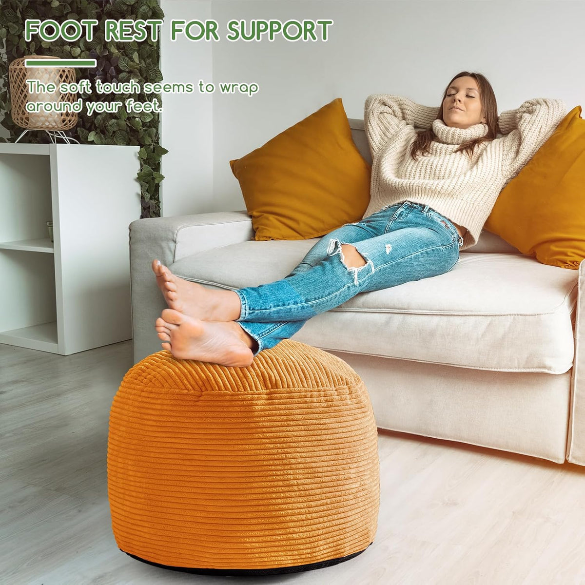HIGOGOGO Round Stuffed Pouf Ottoman, Corduroy Poufs with Foam Chunk Filling, Furry and Fluffy Pouf