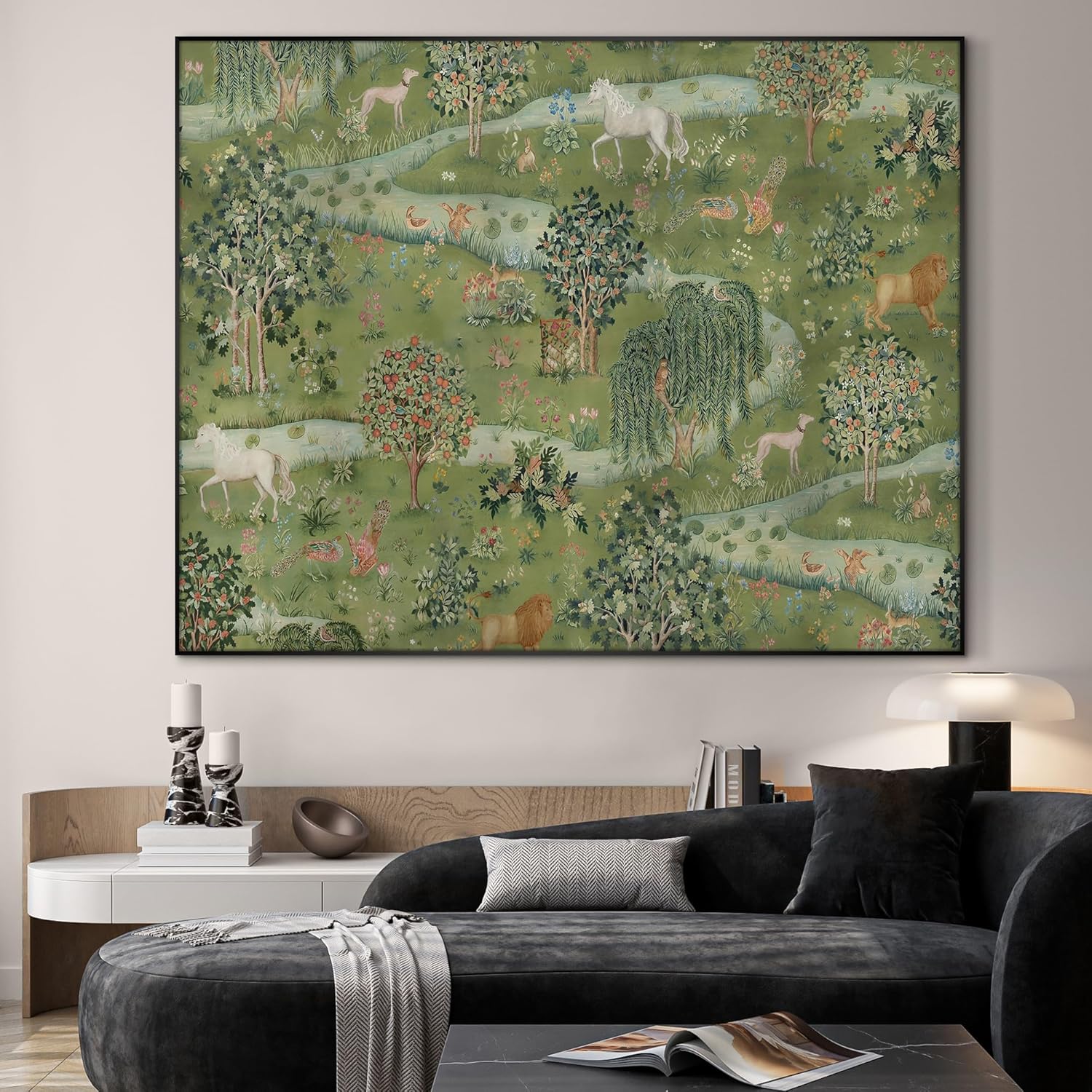 SIGNWIN 36"x46" Extra Large Framed Wall Art Medieval Fantasy Forest with Woodland Animals