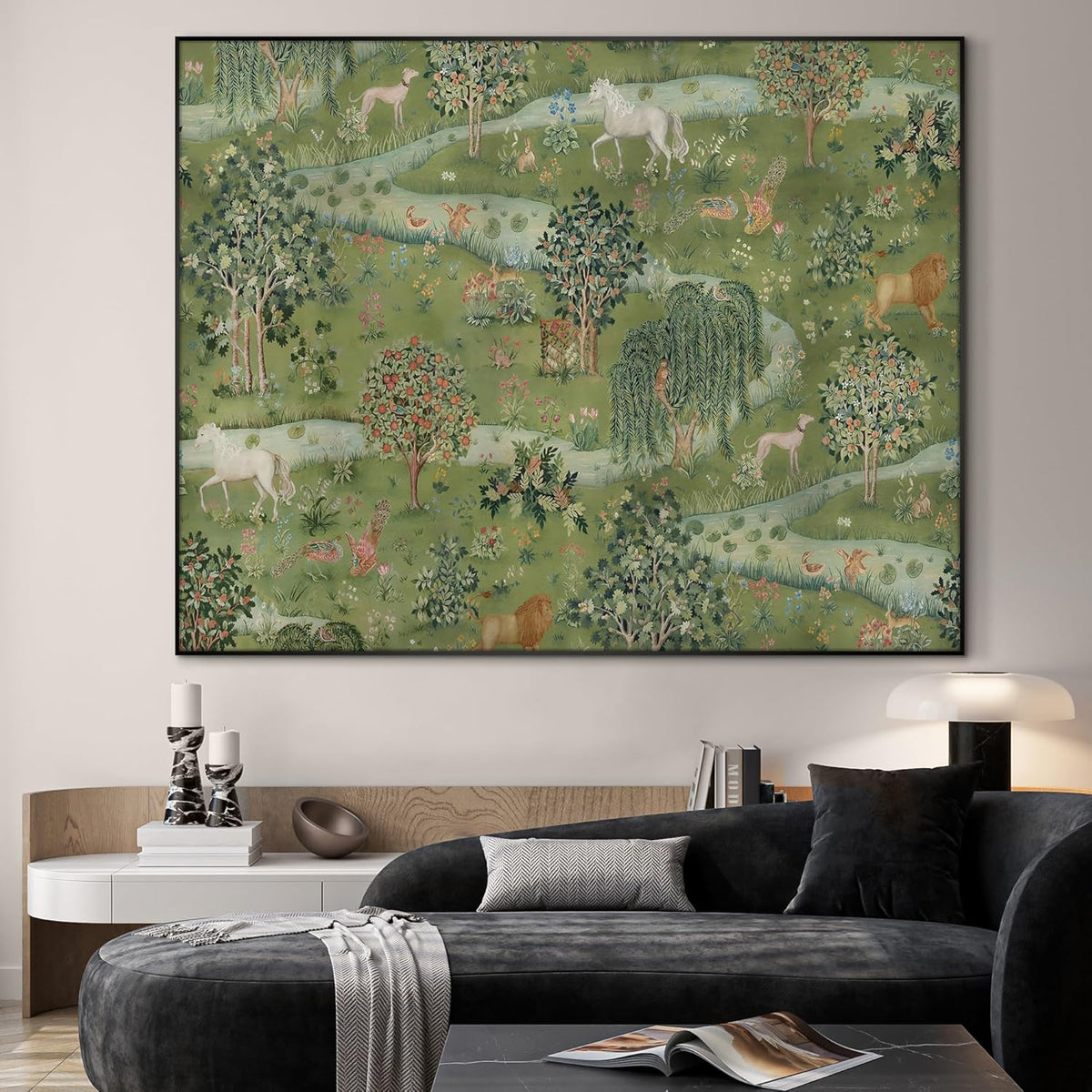 SIGNWIN 60"x72" Extra Large Framed Wall Art Medieval Fantasy Forest with Woodland Animals
