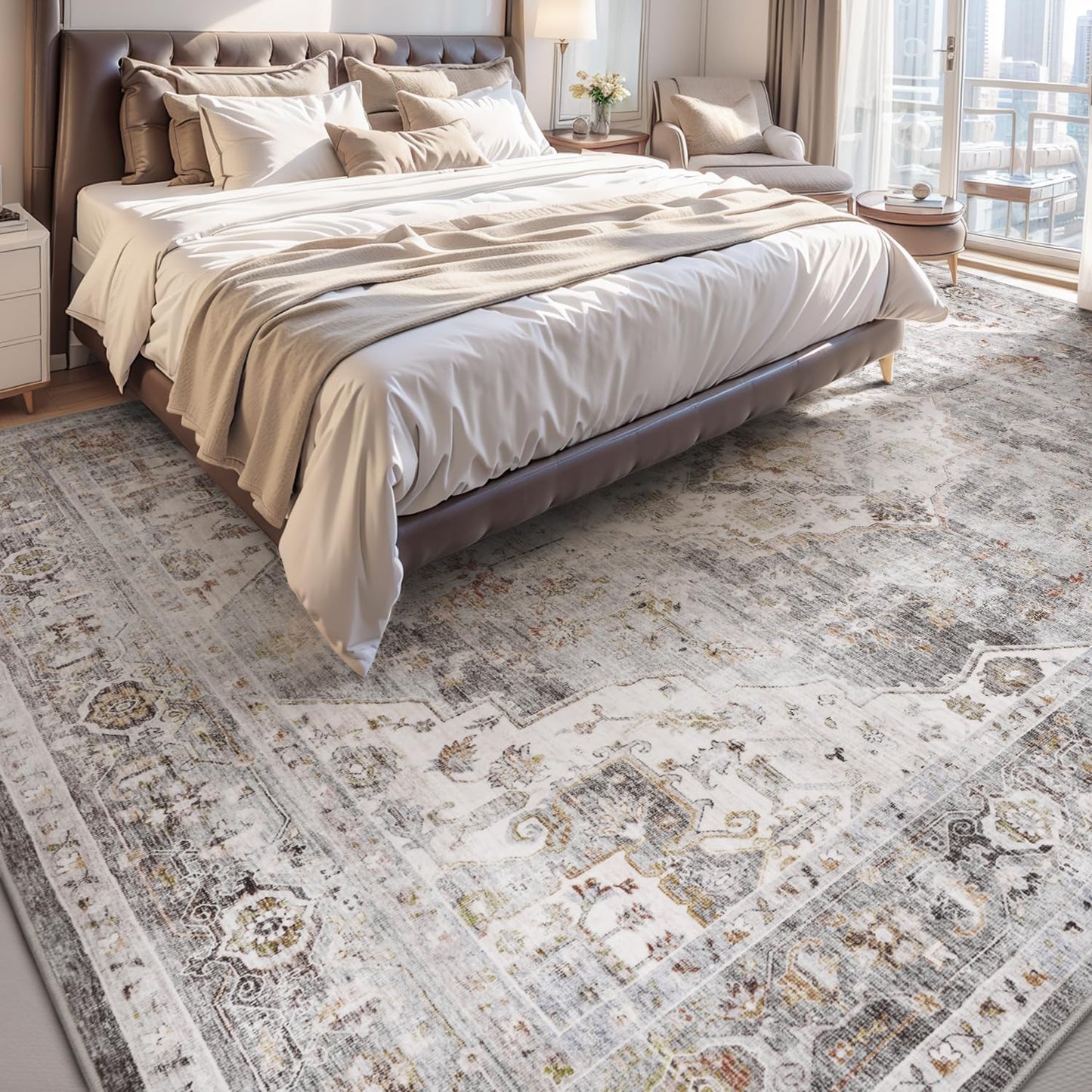 AMOAMI-Area Rug 5X7 Rugs for Living Room-Vintage Soft Grey Rugs for Bedroom-Non Slip Carpet-Machine