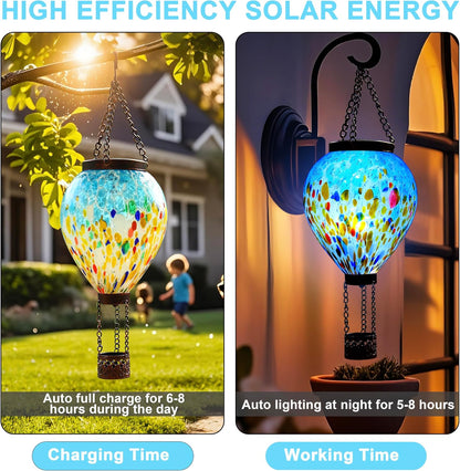 VOREEN Solar Hot Air Balloon Glass Lantern – Hand Blown Multicolor Glass Outdoor Hanging Light