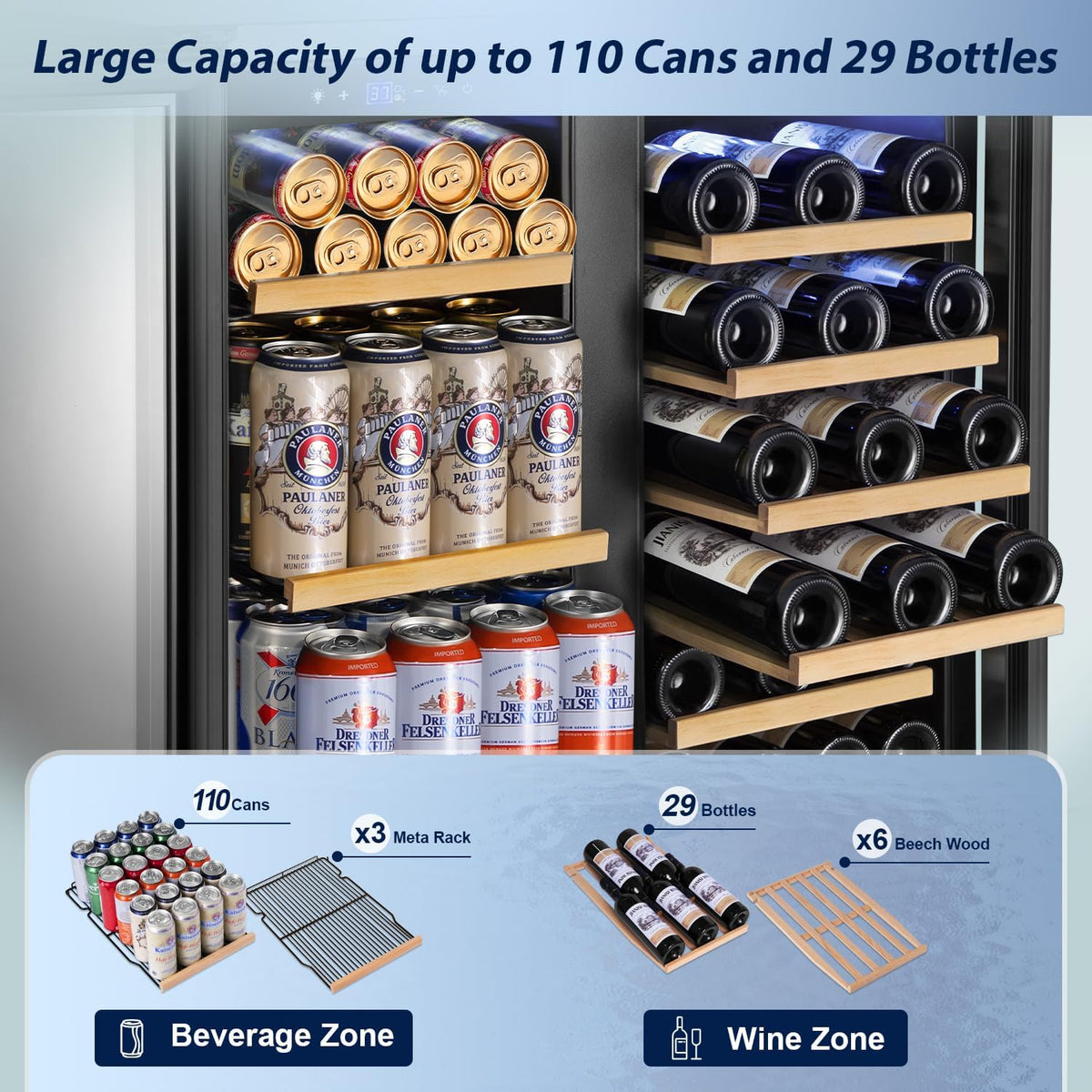 Tylza 30 Inch Wine and Beverage Refrigerator, Dual Zone Wine Beverage Cooler 30" with French Door