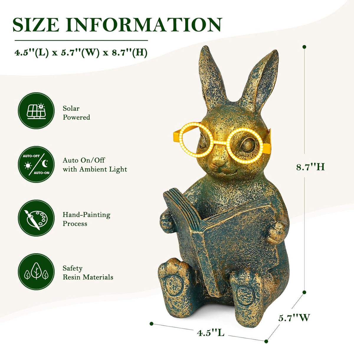 Solar Garden Decor, Adorable Rabbit Statue with Solar-Powered Glasses, Outdoor Decoration Lights