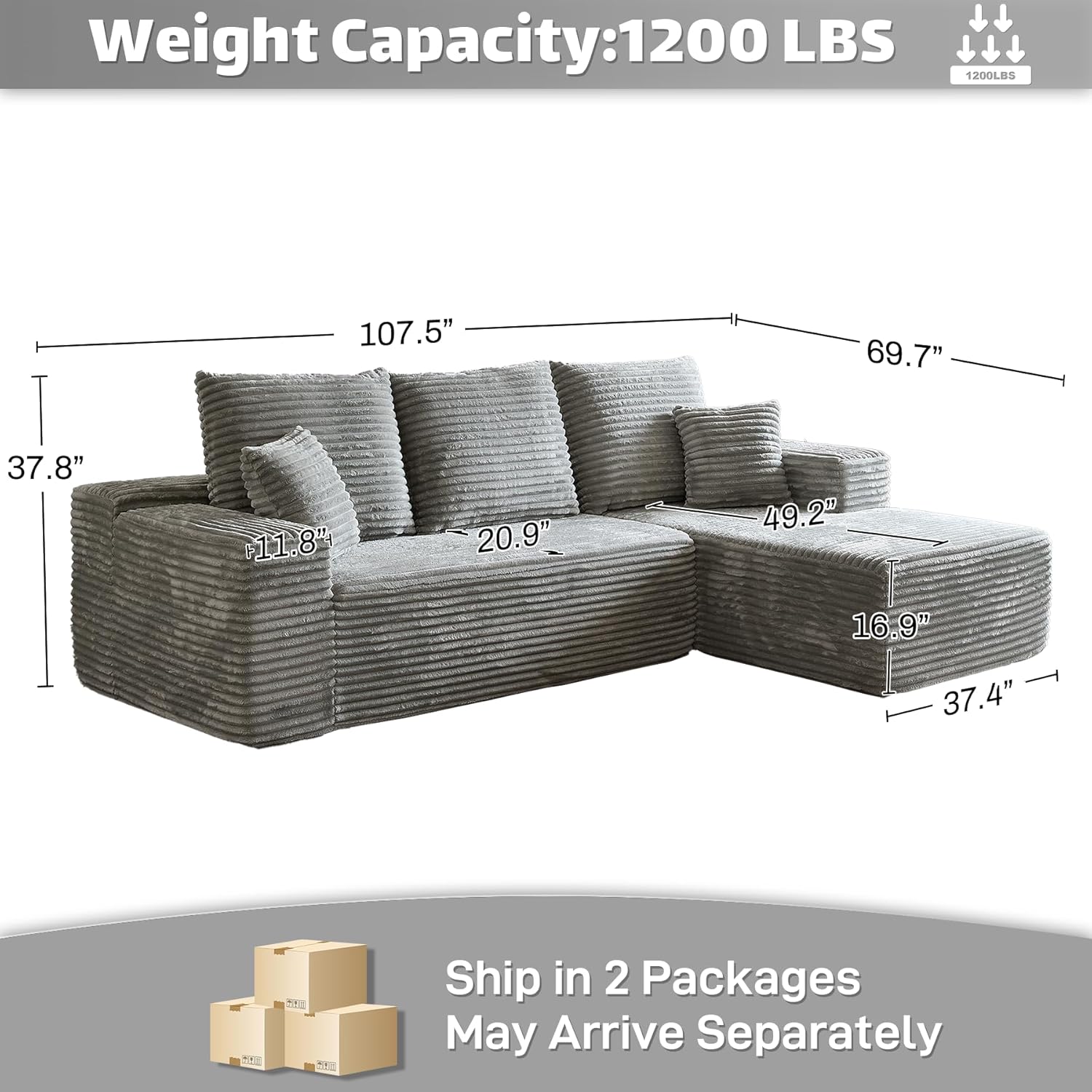 HYJT-H&K Modular Sectional Sofa Cloud Secttional Couch, 107" Comfy L Shaped Couches for Living