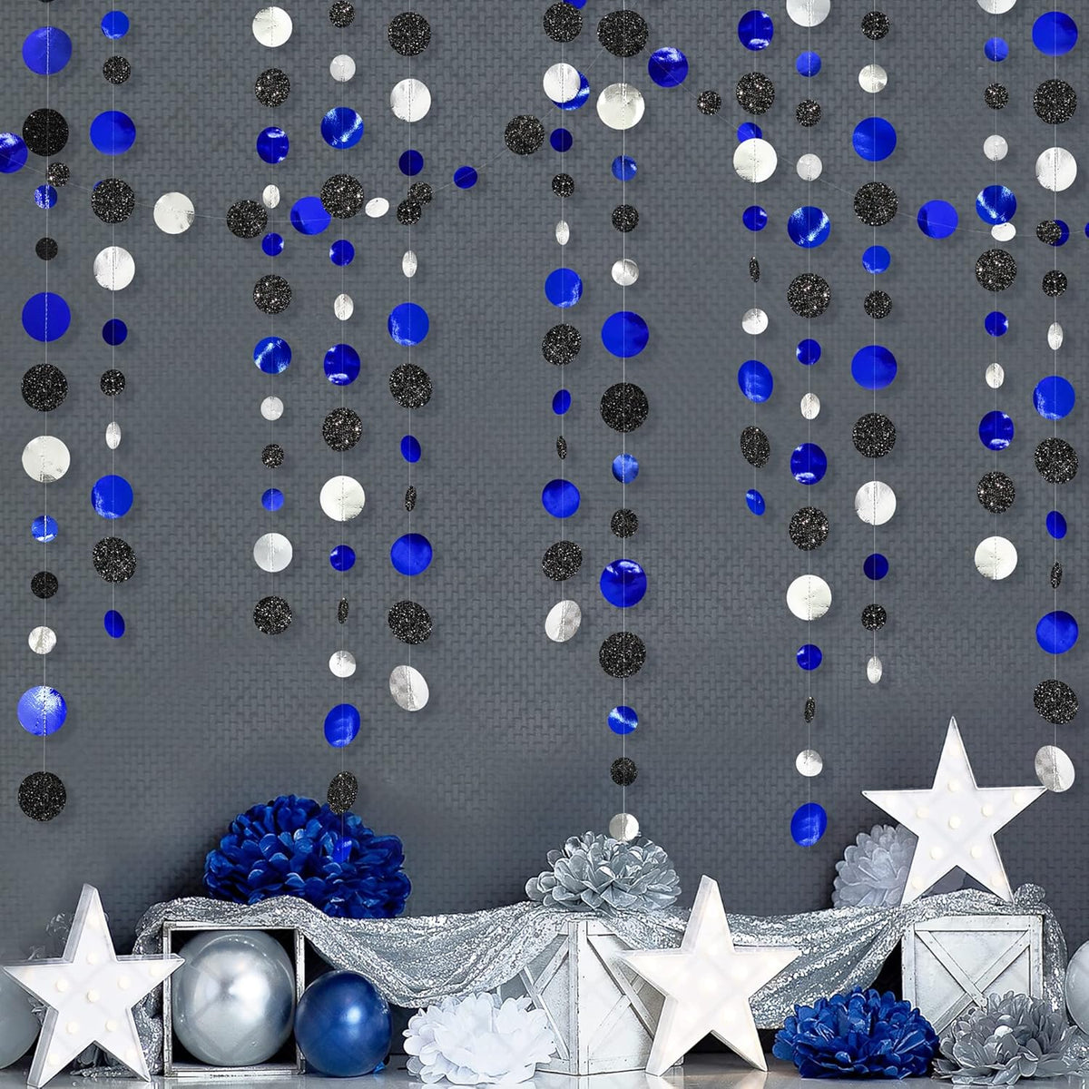 46Ft Navy Blue Black Silver Circle Dots Garland Royal Blue Black Polka Dots Streamer for Birthday