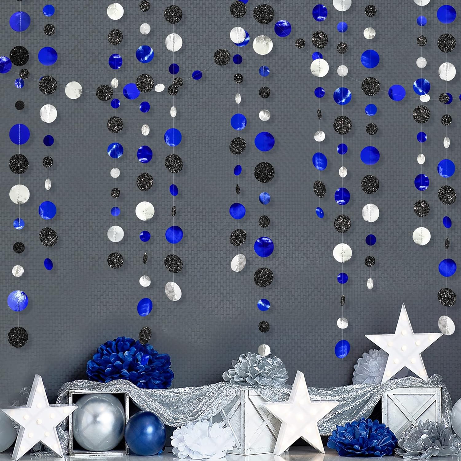 46Ft Navy Blue Black Silver Circle Dots Garland Royal Blue Black Polka Dots Streamer for Birthday