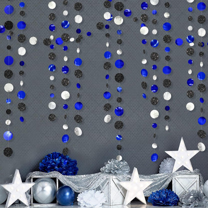 46Ft Navy Blue Black Silver Circle Dots Garland Royal Blue Black Polka Dots Streamer for Birthday
