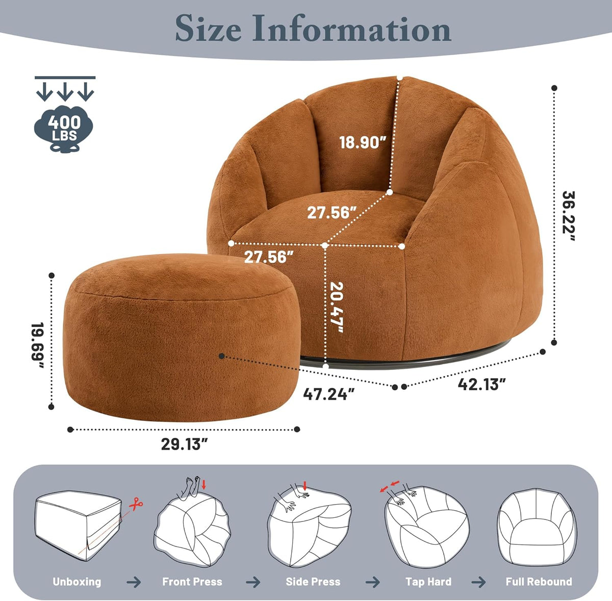 Giant Bean Bag Swivel Chair for Adults - Comfy Plush Round Shell Soft Accent Chaise Lounge Indoor