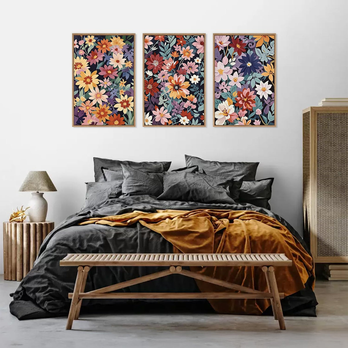 HLNIUC Boho Floral Framed Canvas Wall Art,Colorful Wildflower Landscape Wall Decor Set of