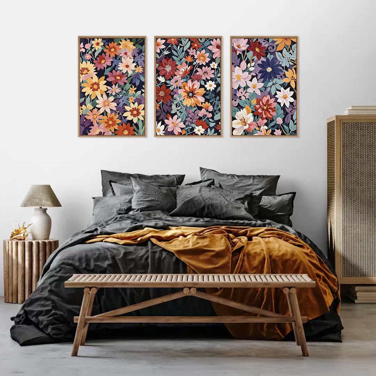HLNIUC Boho Floral Framed Canvas Wall Art,Colorful Wildflower Landscape Wall Decor Set of