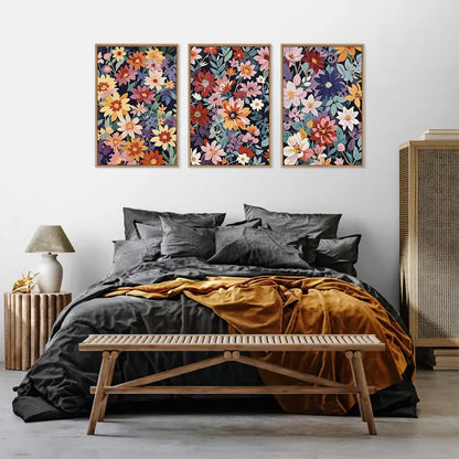 HLNIUC Boho Floral Framed Canvas Wall Art,Colorful Wildflower Landscape Wall Decor Set of