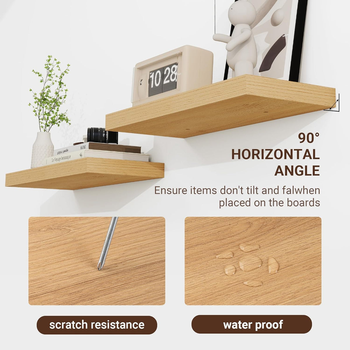 16 Inch Floating Shelves, 3D Textured Wood Grain, 16"x9.25"x1.5" Inch Deep Floating Shelves for