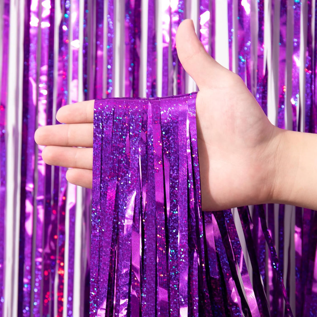 3 Pack 3.3 x 8.2 ft Laser Purple Foil Fringe Backdrop Curtains, Tinsel Streamers Birthday Party