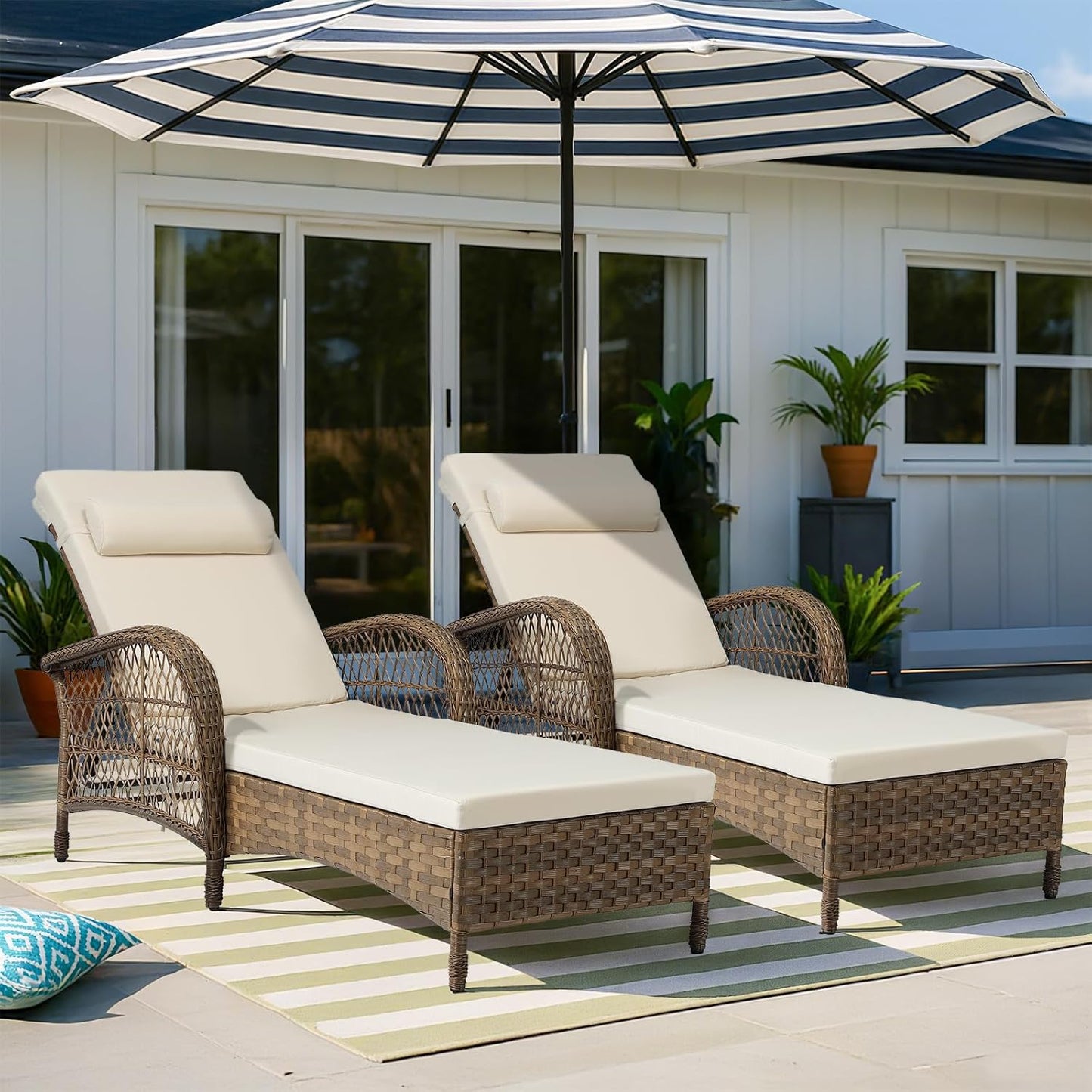 VIVIJASON Outdoor Wicker Chaise Lounge Chair Set of 2, All-Weather PE Rattan Cushioned Patio