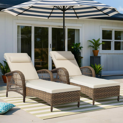 VIVIJASON Outdoor Wicker Chaise Lounge Chair Set of 2, All-Weather PE Rattan Cushioned Patio