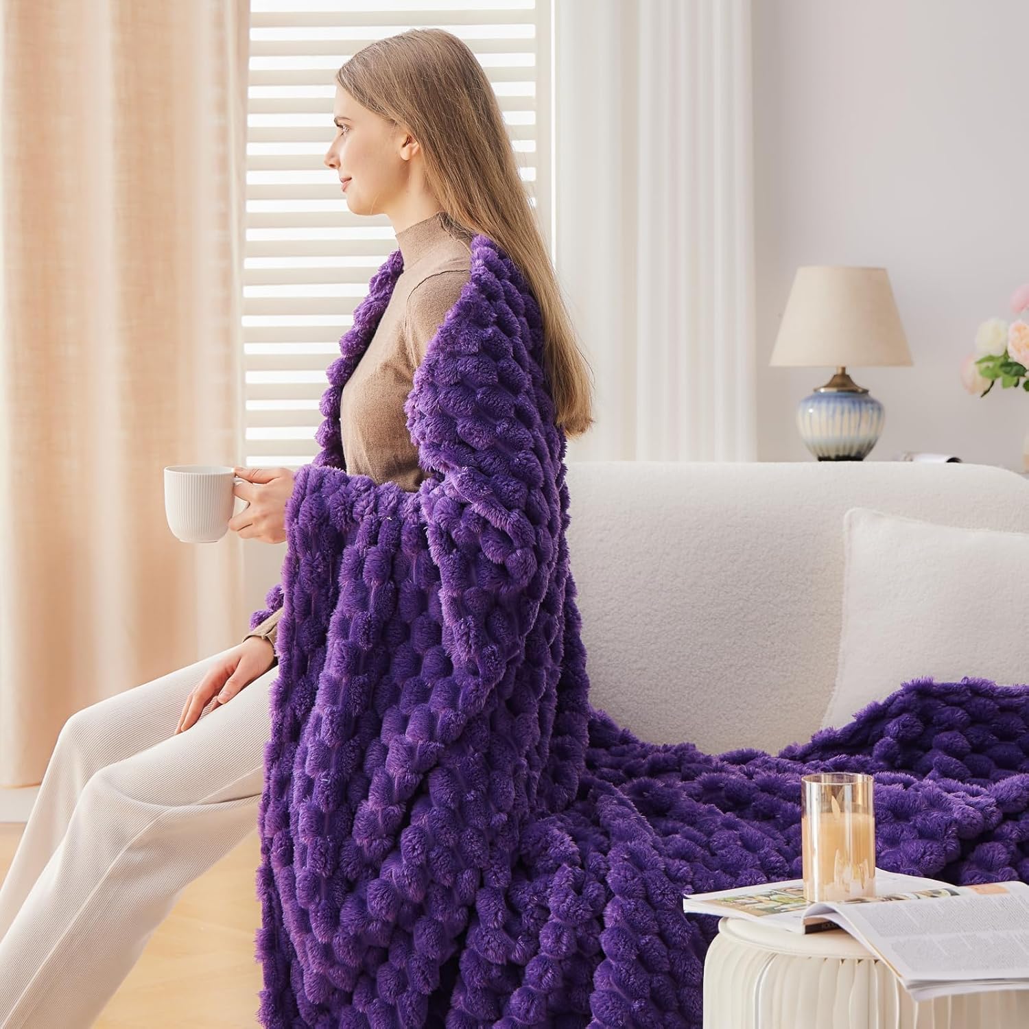NEWCOSPLAY Super Soft King Blanket Purple Premium Silky Flannel Fleece 3D Clouds Stylish Jacquard