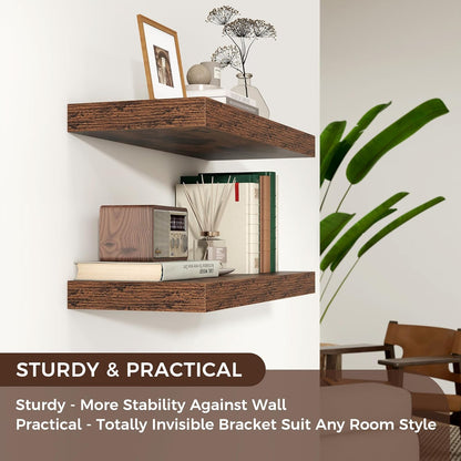 Floating Shelves - 2 Large Wall Mounted Shelves with Invisible Brackets, Long Wood Floating Wall