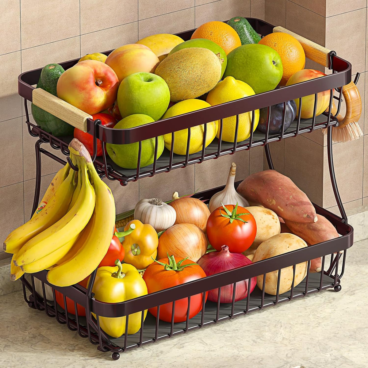 2 Tier Fruit Basket for Kitchen Counter with 2 Banana Hangers, 2025 Pro Detachable Metal Fruit Bowl