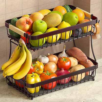 2 Tier Fruit Basket for Kitchen Counter with 2 Banana Hangers, 2025 Pro Detachable Metal Fruit Bowl