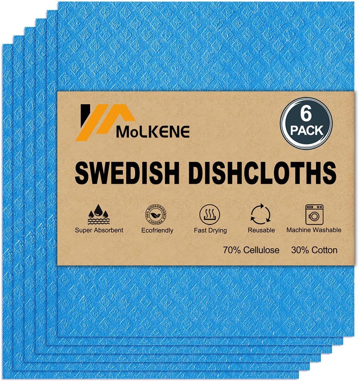Swedish Dishcloths for Kitchen | 6 Pack Absorbent Cellulose Sponge Cloths Washable | Non-Scratch