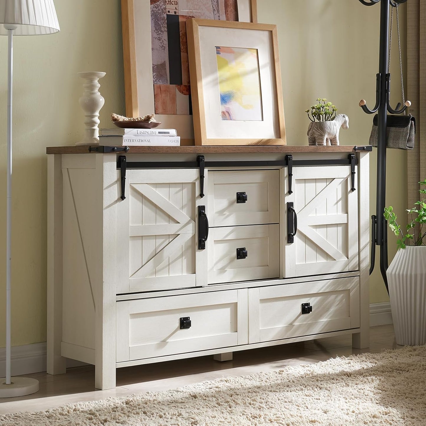 T4TREAM Farmhouse Dresser for Bedroom w/4 Drawers & Sliding Barn Doors, 48'' Wide Chest of Drawers