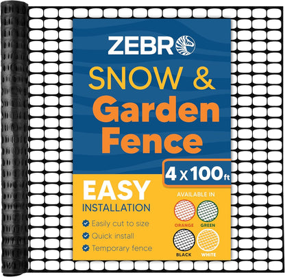 ZEBRO 4' x 100' Black Plastic Garden Fence Roll – Standard Duty Safety Netting for Snow, Poultry
