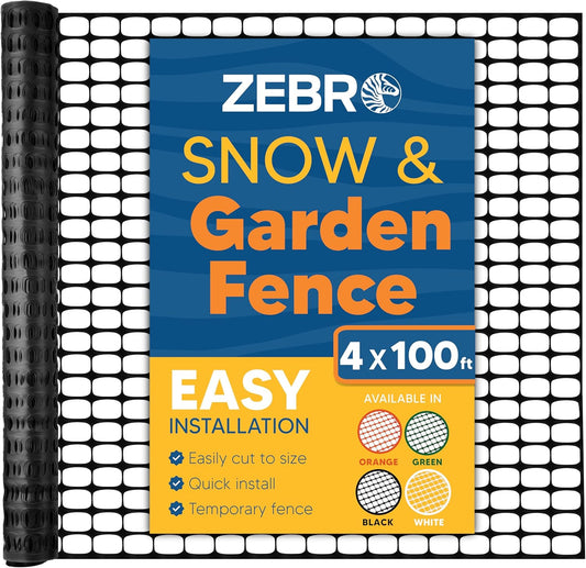 ZEBRO 4' x 100' Black Plastic Garden Fence Roll – Standard Duty Safety Netting for Snow, Poultry