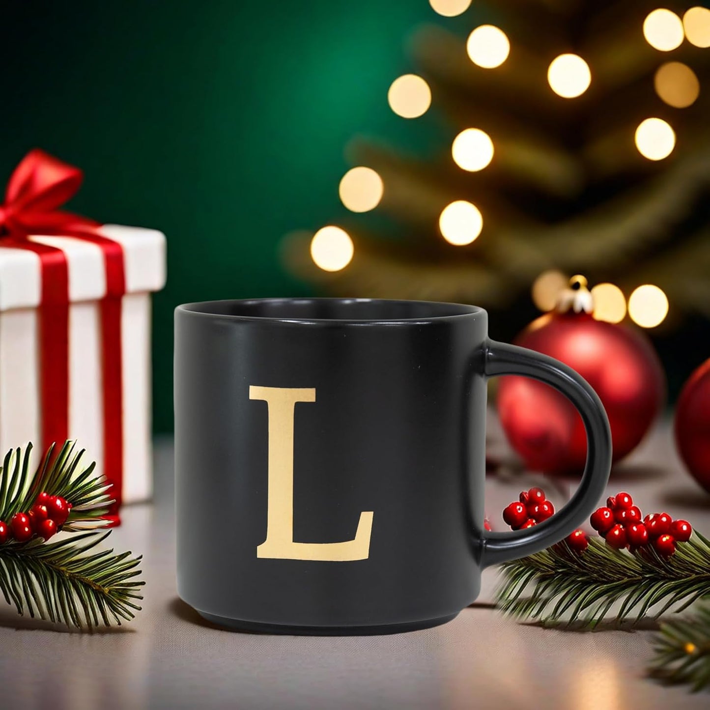 COLLECTIVE HOME - Monogram Ceramic Mugs, 15 oz Golden Initial Black Coffee Cups, Elegant Alphabet