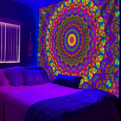 PSYHILAR Blacklight Mandala Boho Tapestry, Black Light Bohemian Hippie Poster for Adults and Teens