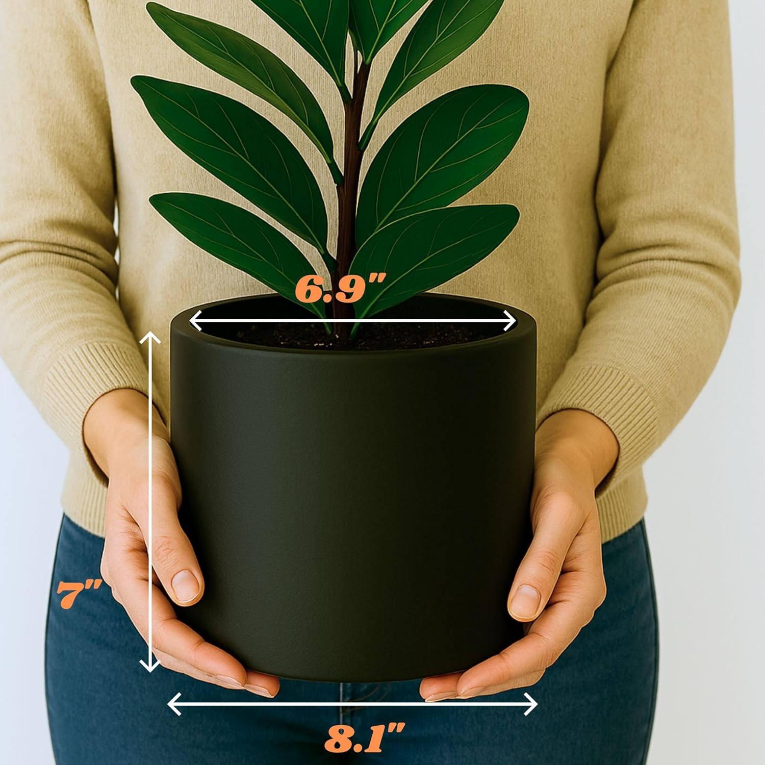 Fox & Fern 8 Inch Black Plant Pot with Drainage Plug — Premium Lightweight Fiberstone Matte Black