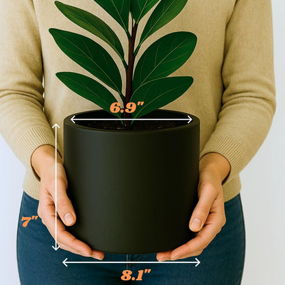 Fox & Fern 8 Inch Black Plant Pot with Drainage Plug — Premium Lightweight Fiberstone Matte Black