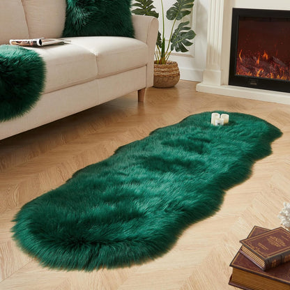 AMTOVO Faux Sheepskin Rug, Dark Green Ultra Soft Fluffy Shag Area Rug, 2 x 6 ft Faux Fur Rug for