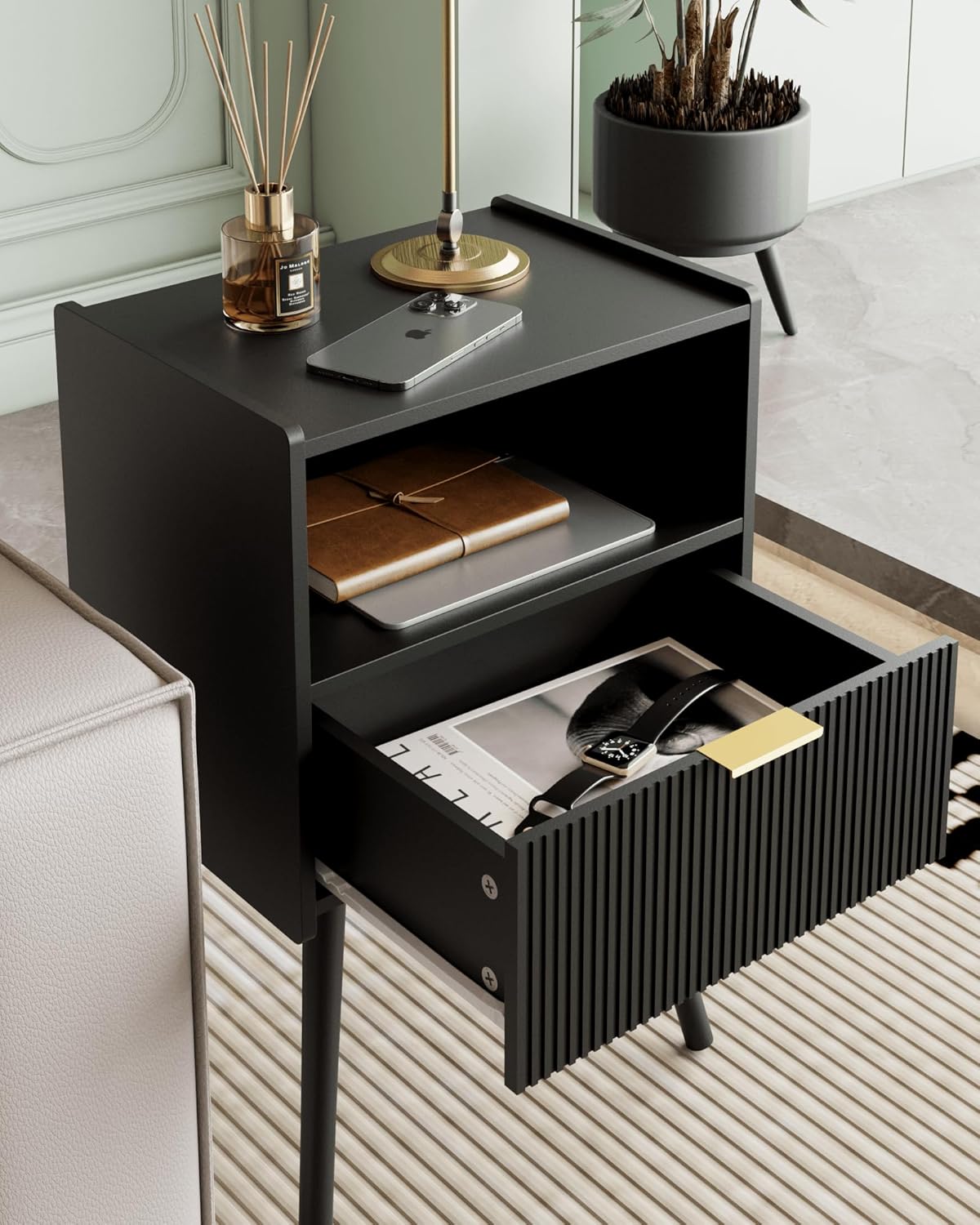 Nightstand,Modern Bedside Table with Storage Drawer and Open Wood Shelf, Accent Night Stand with